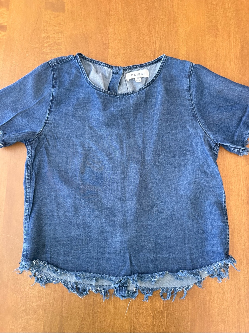 DL1961 Girls' Washed Blue Denim Short Sleeve Top with Frayed Hem